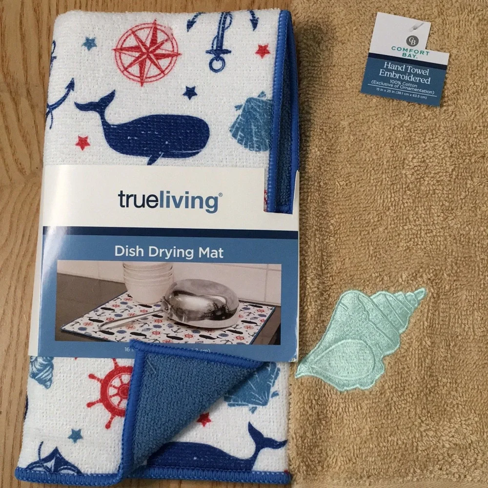 New Bundle Of 3 Nautical Beachy 1-Kitchen Dish Drying May & 2 Bath Hand Towels